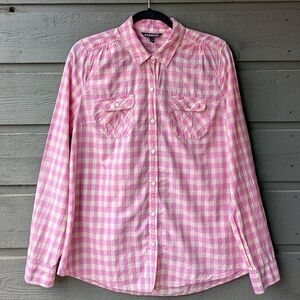Express Pink Beige Gingham Check Mother of Pearl Button Front Shirt Size Large